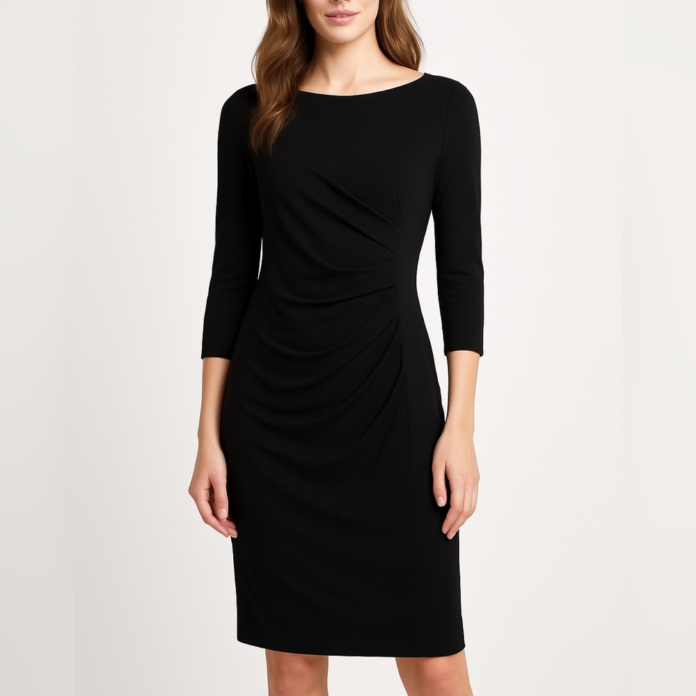 ❤️ MaxMara Black Ruched Sheath Dress Bateau Neckline 3/4 Sleeve Size 2